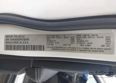 2023 Jeep Grand Cherokee L Altitude 4X4 z USA, uszkodzony, nr VIN 1C4RJKAG3P8743145